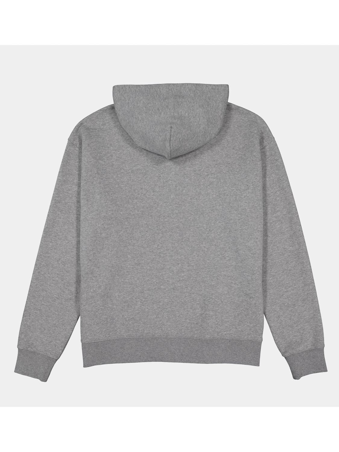 Back view of a men's grey zip-up hoodie with a hood and ribbed cuffs and hem.