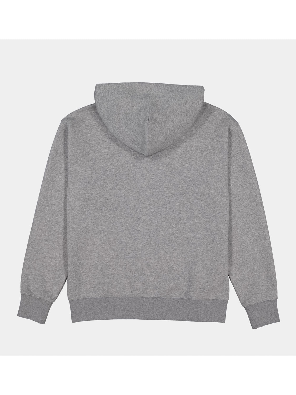 Back view of a women's grey zip-up hoodie with a relaxed fit and ribbed cuffs.