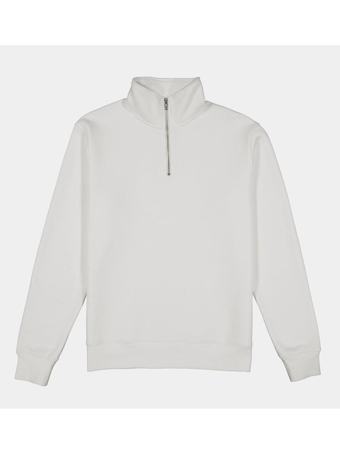 A white men's quarter-zip sweatshirt with a high collar and ribbed cuffs and hem.