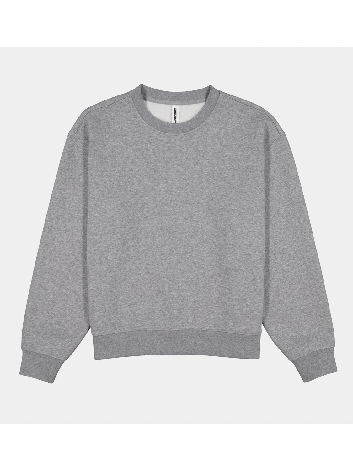Womens Everyday Crew Sweatshirt in heather grey with ribbed neckline, cuffs, and waistband.