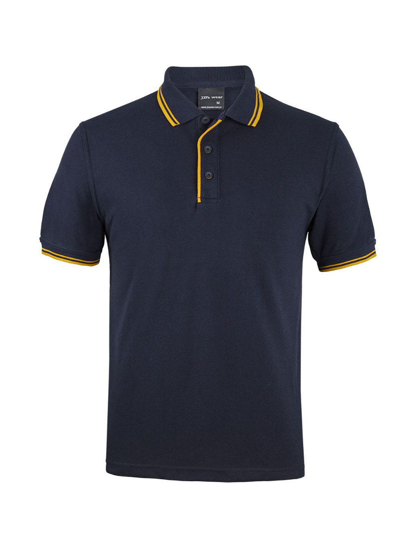 JB's Wear - Navy blue polo shirt with yellow trim on collar and sleeves.