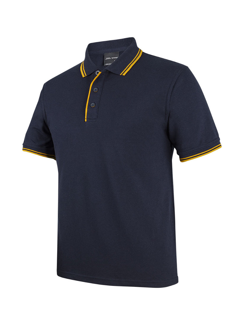 JB's Wear - Navy blue polo shirt with yellow trim on collar and sleeves.