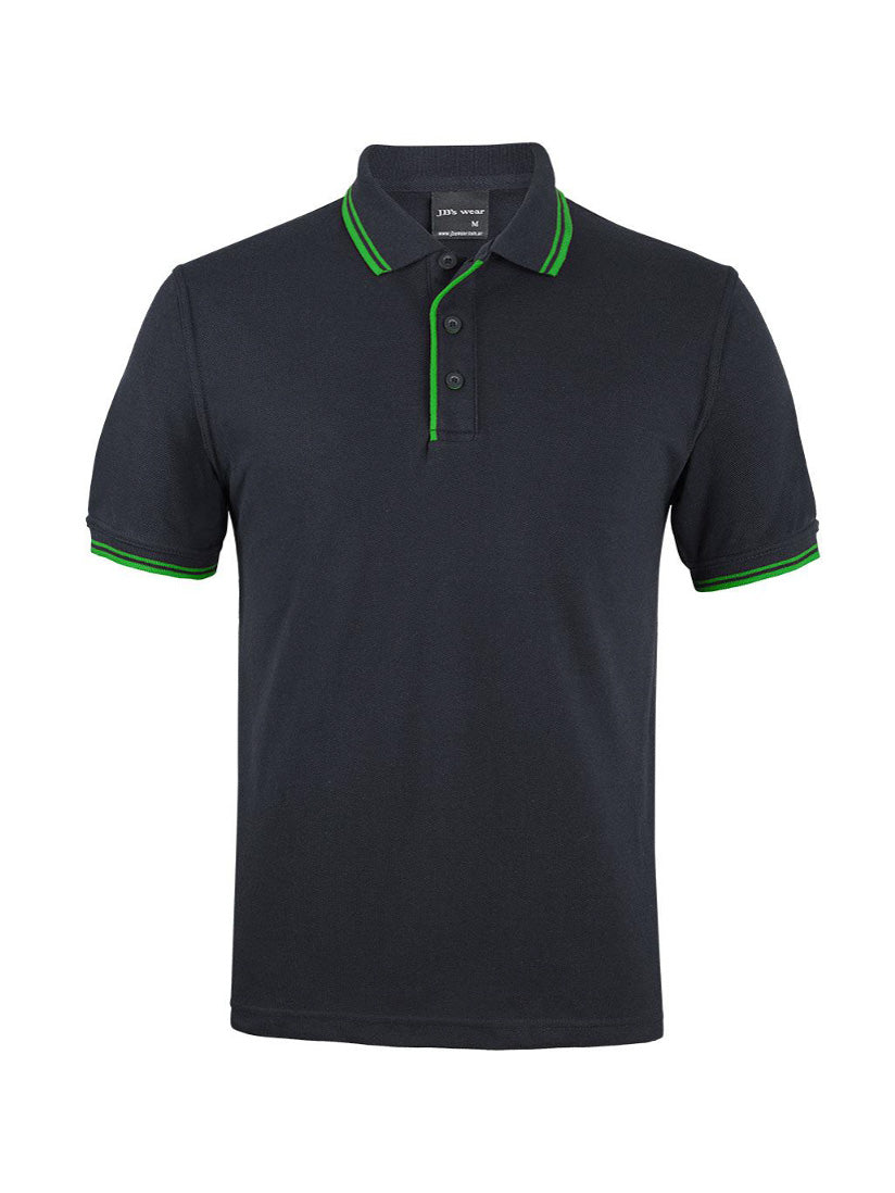 JB's Wear - A dark grey polo shirt with green trim on the collar, placket, and sleeves.