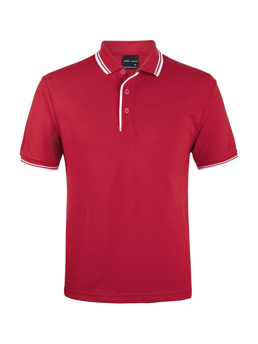 JB's Wear - Red polo shirt with white trim on collar and sleeves.