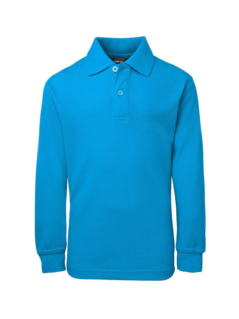 JB's Wear - Kids long sleeve blue polo shirt with a collar and two buttons.