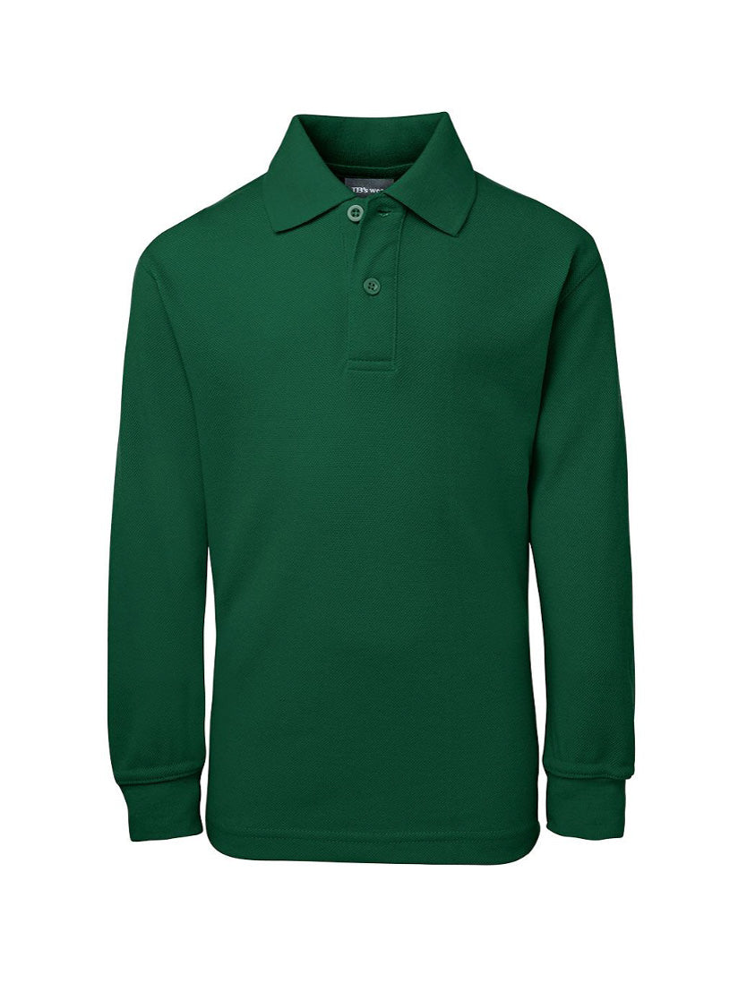 JB's Wear - Kids long sleeve green polo shirt with a collar and two buttons.