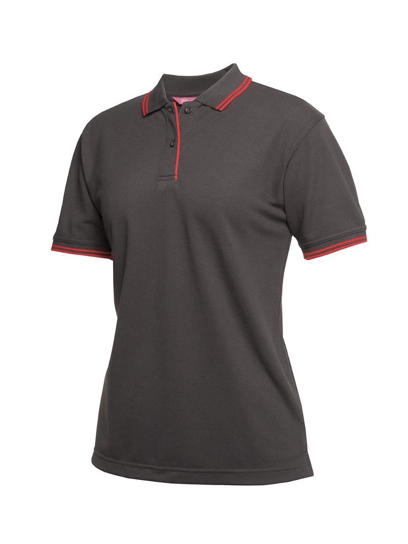 Ladies dark grey polo shirt with red trim on collar, cuffs, and placket.