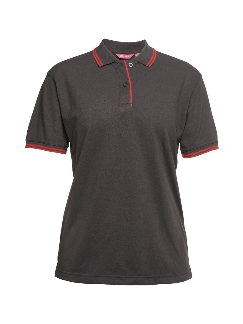 Ladies' dark grey polo shirt with red trim on the collar, cuffs, and placket.