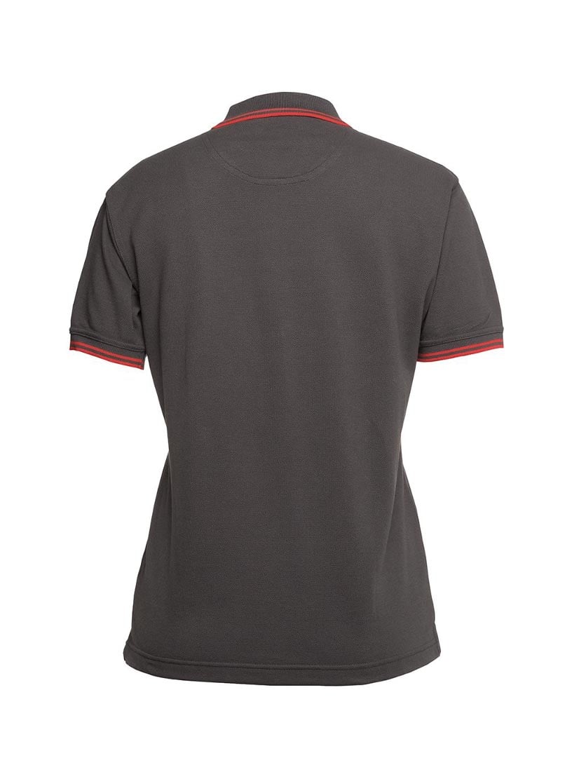 Ladies dark grey polo shirt with red trim on collar and cuffs.