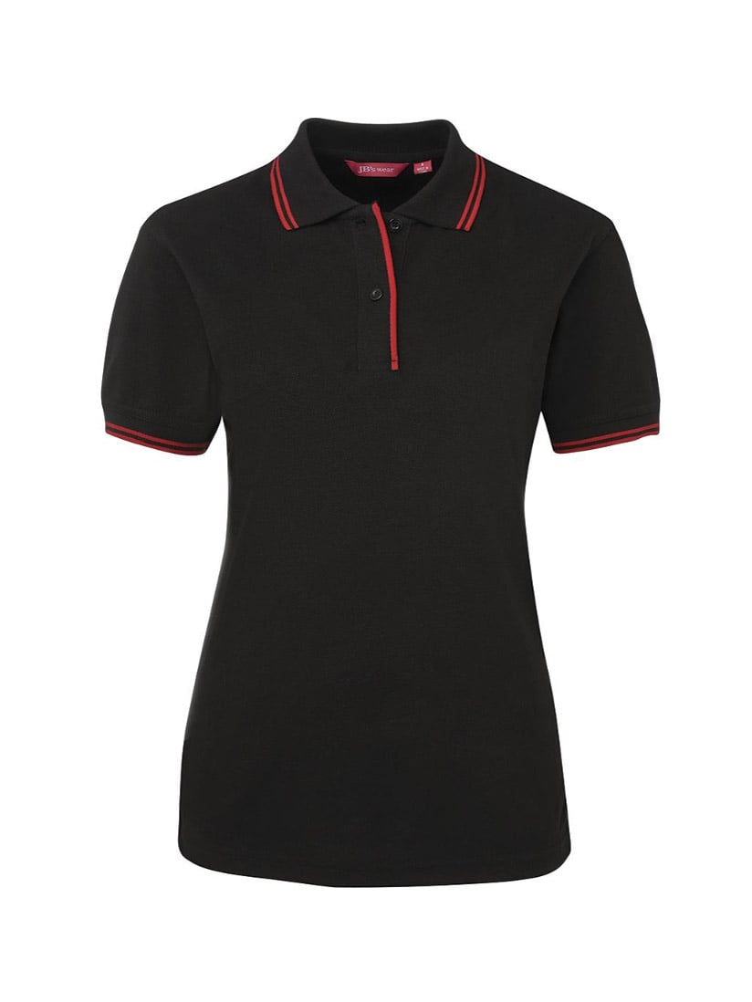 Ladies black polo shirt with red trim on collar, cuffs, and placket.