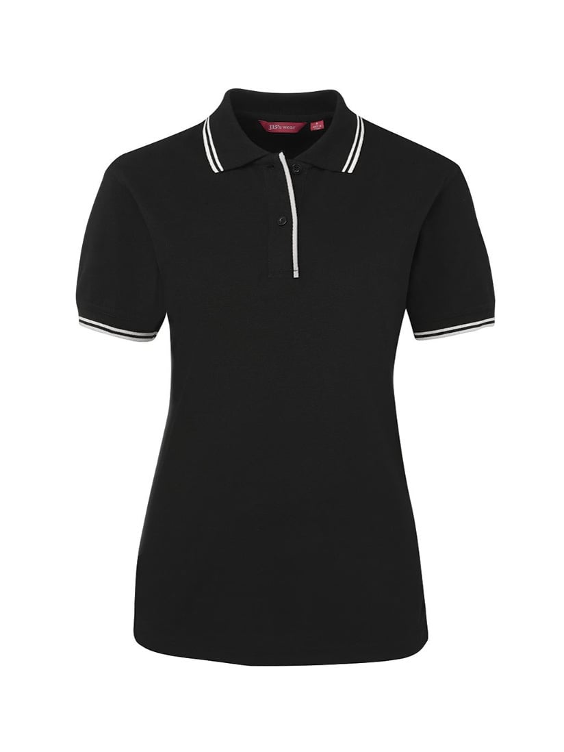Ladies black polo shirt with white trim on collar and cuffs.