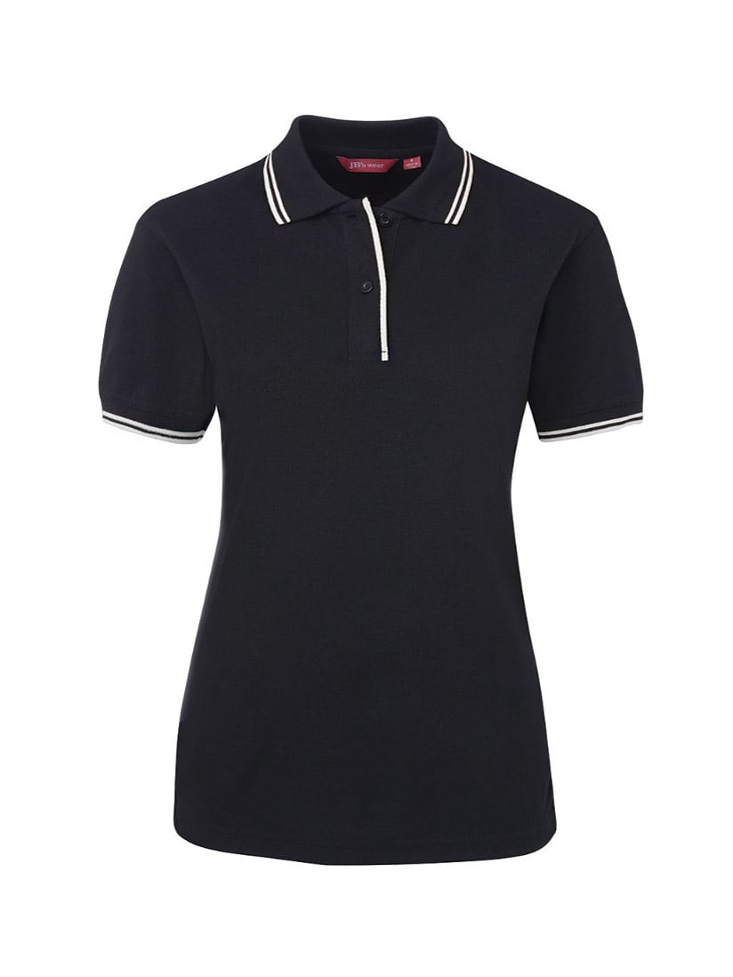 Ladies black polo shirt with white trim on collar and cuffs.