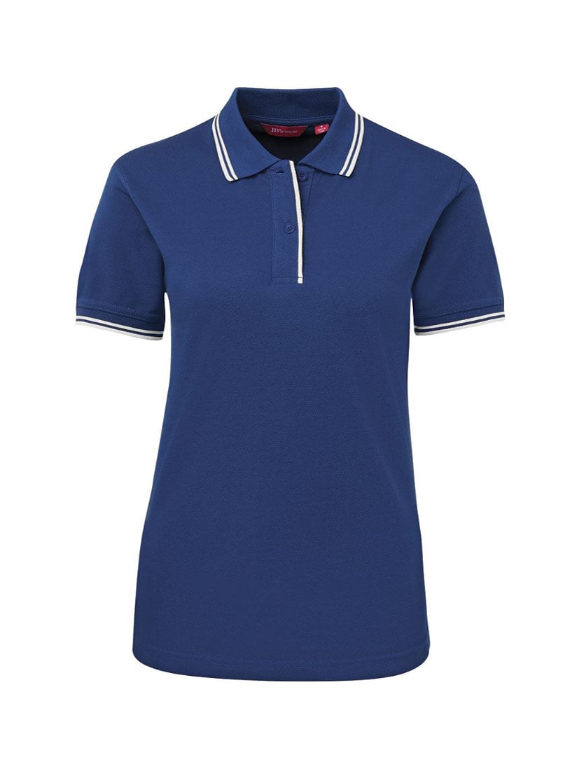 Ladies blue polo shirt with white trim on collar and cuffs.