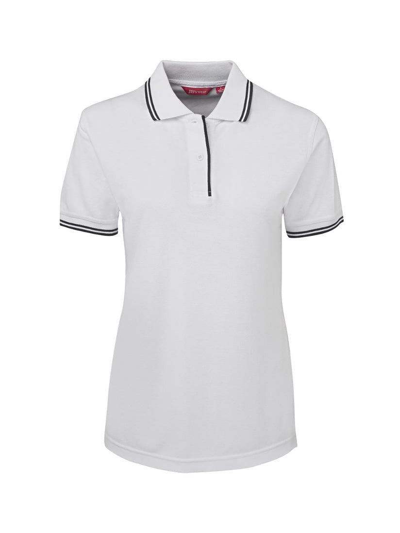 Ladies white polo shirt with black trim on collar and sleeves.