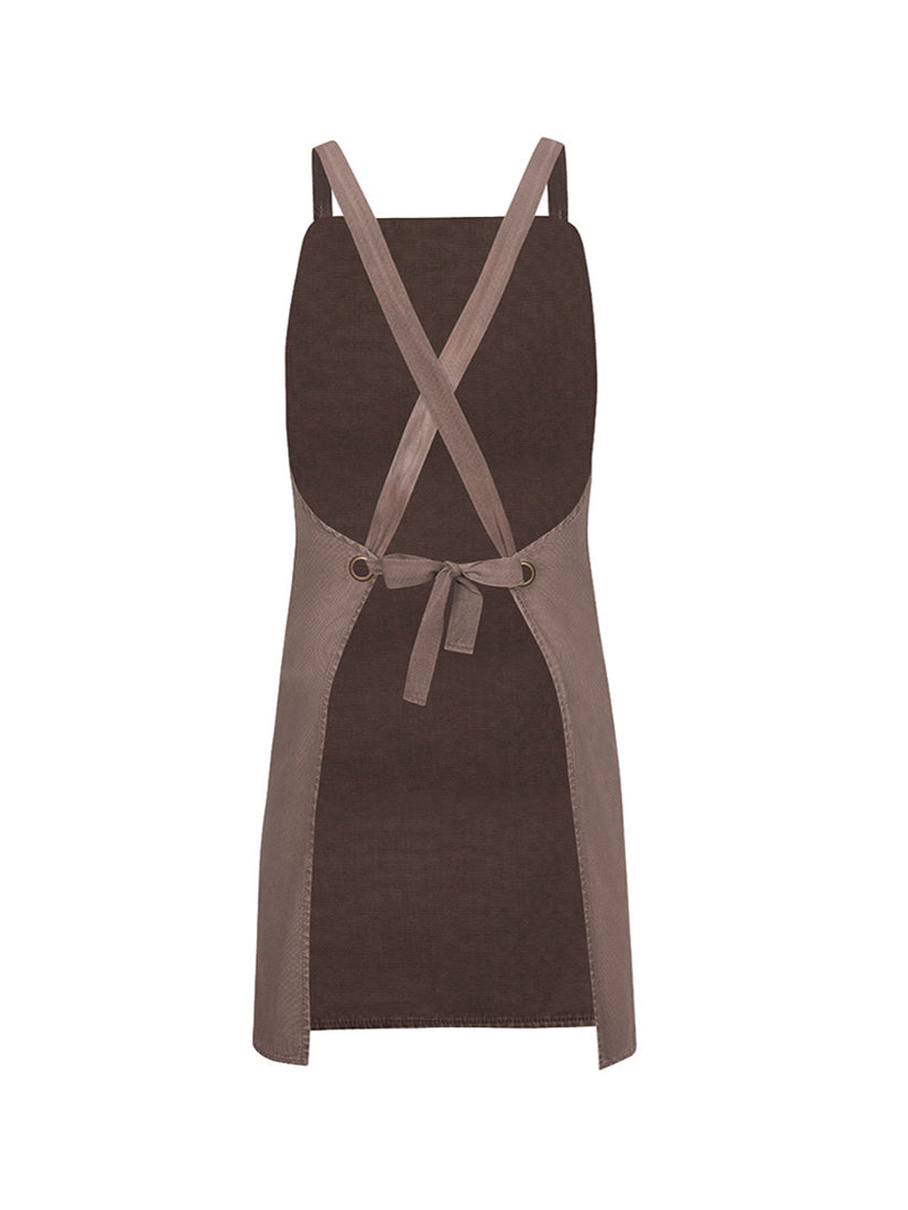 JB's Wear - Back view of a brown canvas cross-back apron tied with a bow.