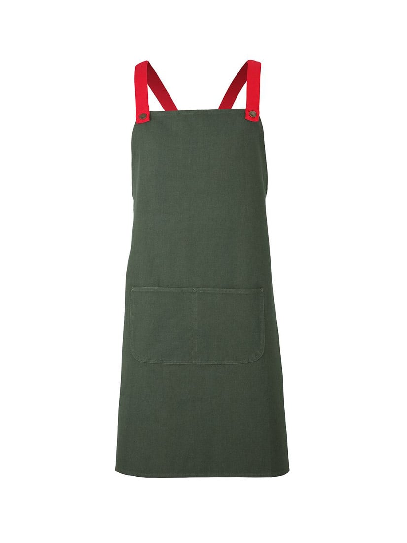 JB's Wear - Green canvas cross-back apron with red straps and a large front pocket.