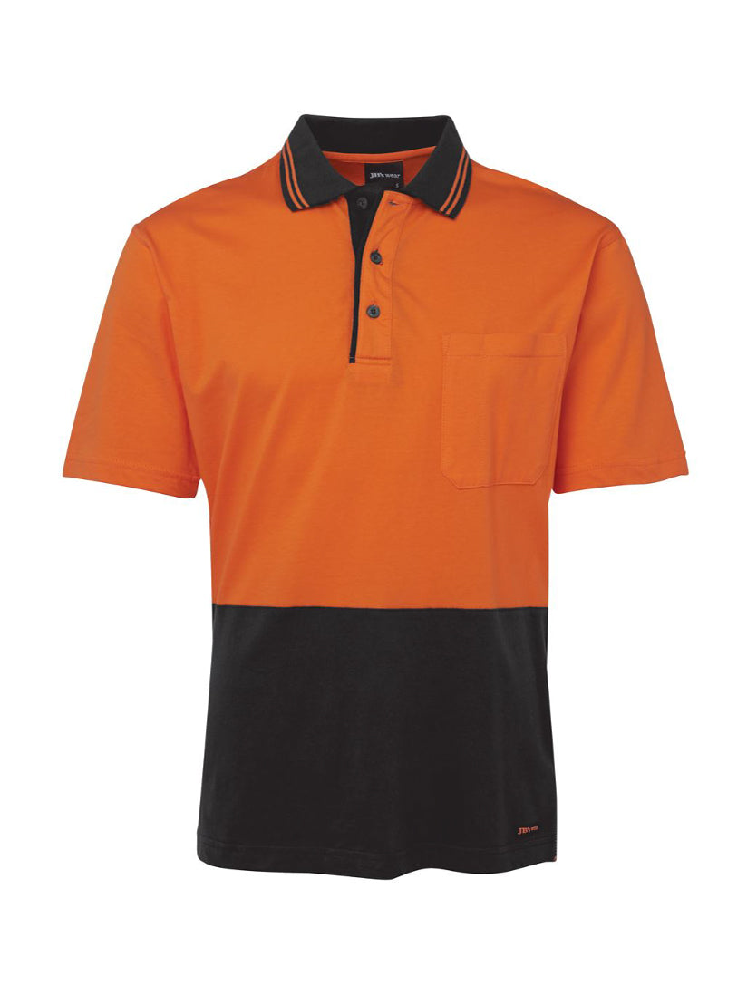 JB's Wear - Orange and black hi-vis short-sleeve polo shirt with a chest pocket.