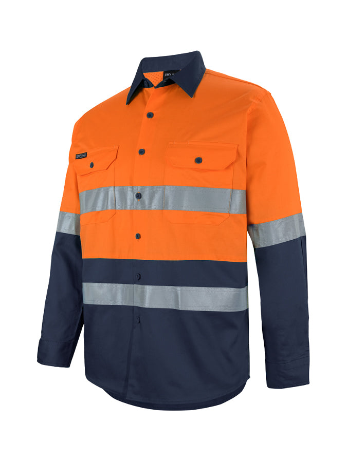 JB's Wear - Hi Vis D+N Long Sleeve 150G Work Shirt with orange and navy panels and reflective tape.