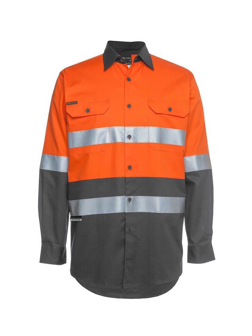 JB's Wear - Hi Vis D+N Long Sleeve 150G Work Shirt with orange and grey panels and reflective stripes.