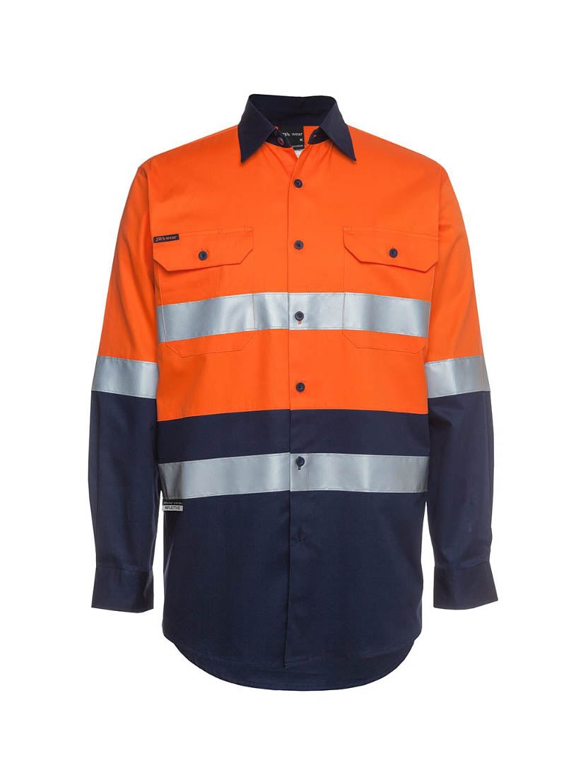 JB's Wear - Hi Vis D+N Long Sleeve 150G Work Shirt with orange and navy panels and reflective stripes.