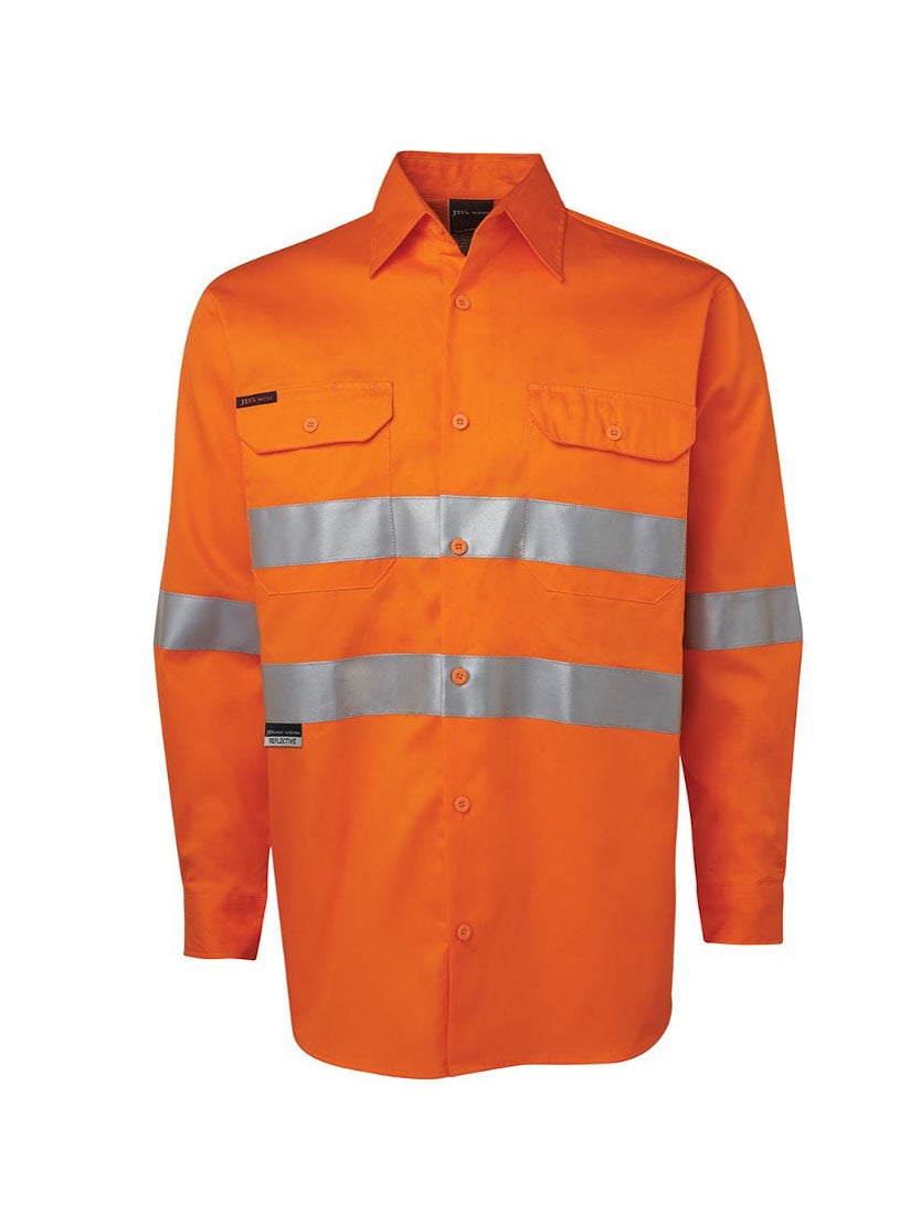 JB's Wear - Hi Vis D+N Long Sleeve 150G Work Shirt in orange with reflective stripes.