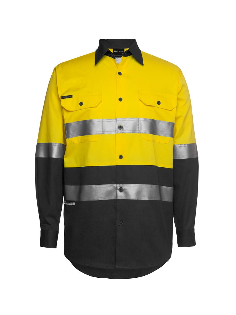 JB's Wear - Hi Vis D+N Long Sleeve 150G Work Shirt with reflective tape.