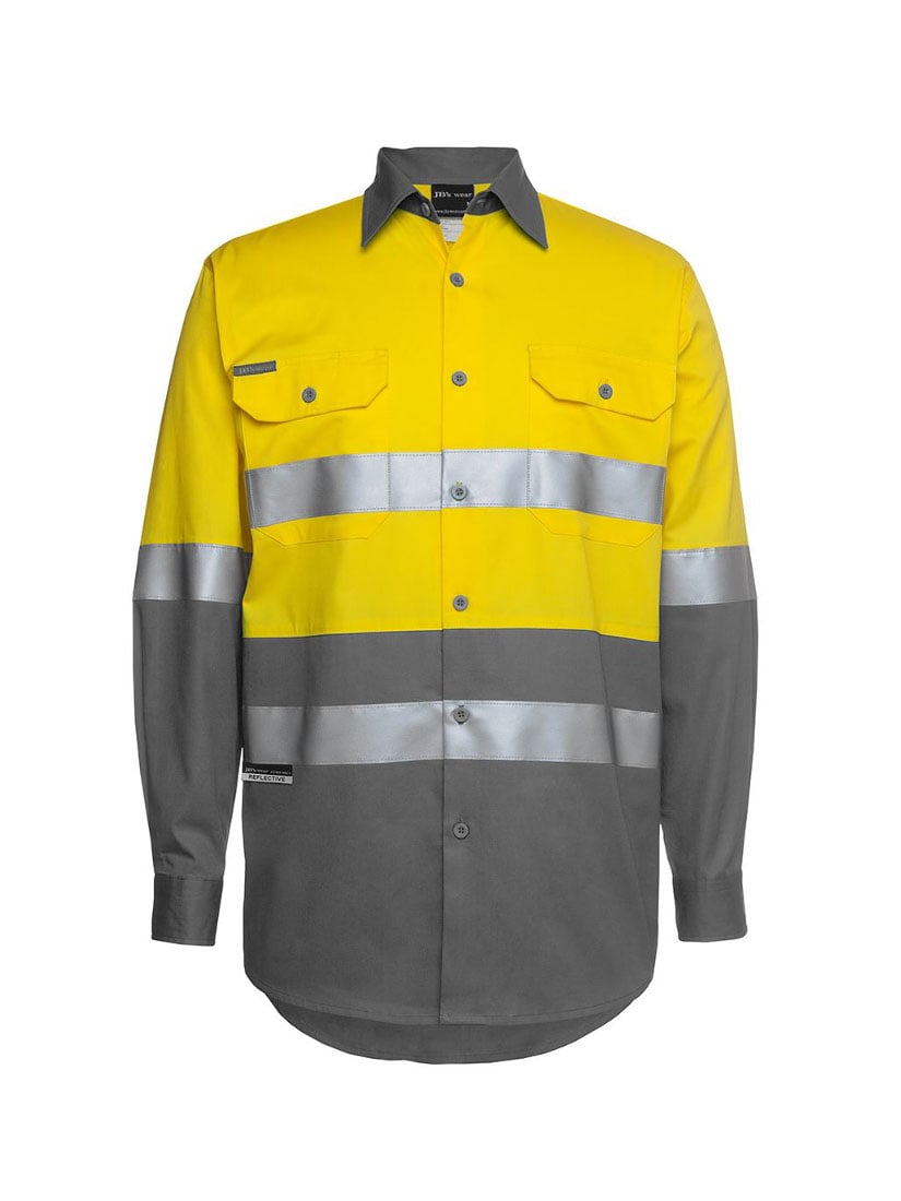 JB's Wear - Hi Vis D+N Long Sleeve 150G Work Shirt in yellow and grey with reflective stripes.