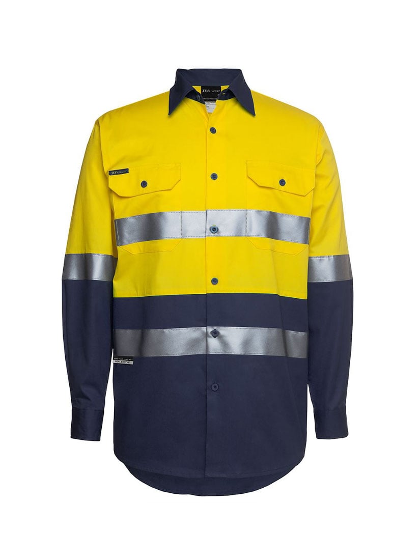 JB's Wear - Hi Vis D+N Long Sleeve 150G Work Shirt with yellow and navy panels and reflective stripes.