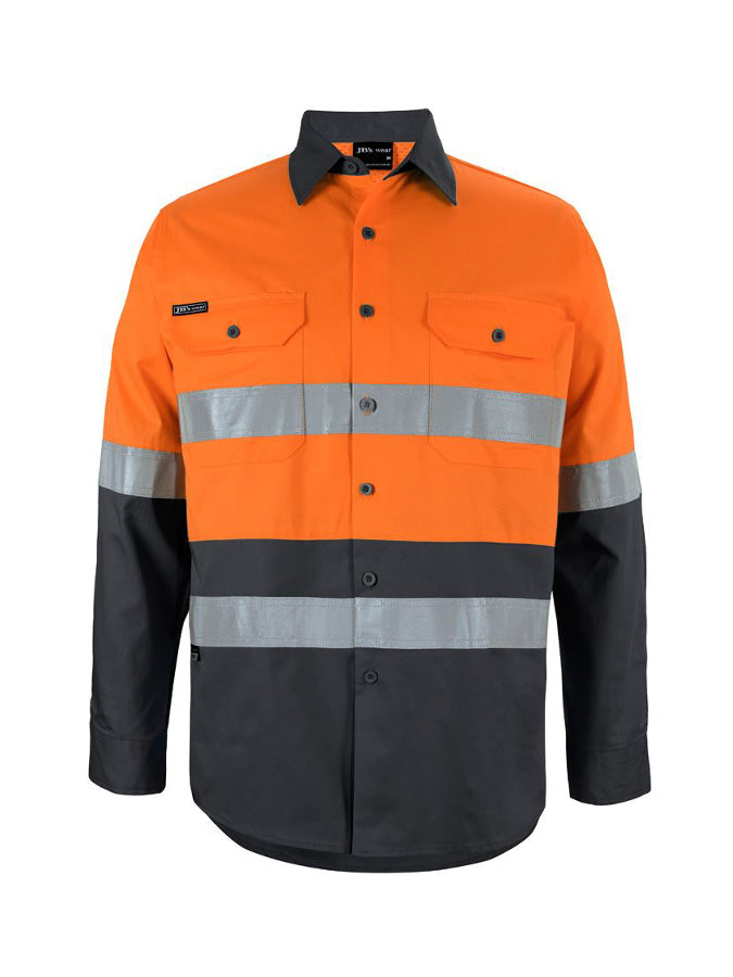 JB's Wear - Hi Vis D+N Long Sleeve 150G Work Shirt with orange and grey panels.