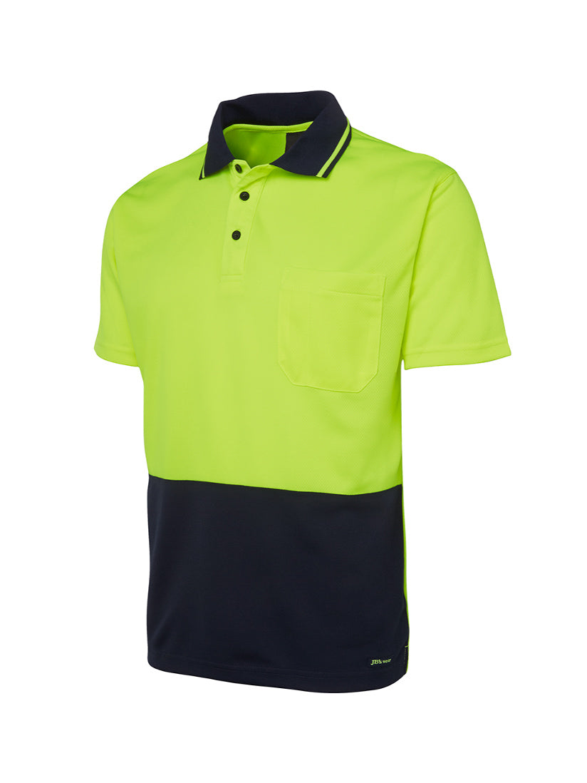JB's Wear - Hi Vis Non Cuff Traditional Polo with a neon yellow upper and navy blue lower half.