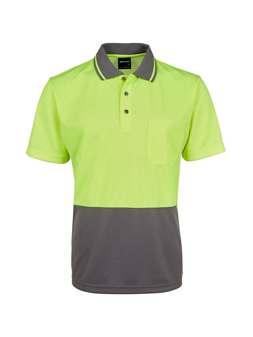 JB's Wear - Hi Vis Non Cuff Traditional Polo with grey collar and pocket.