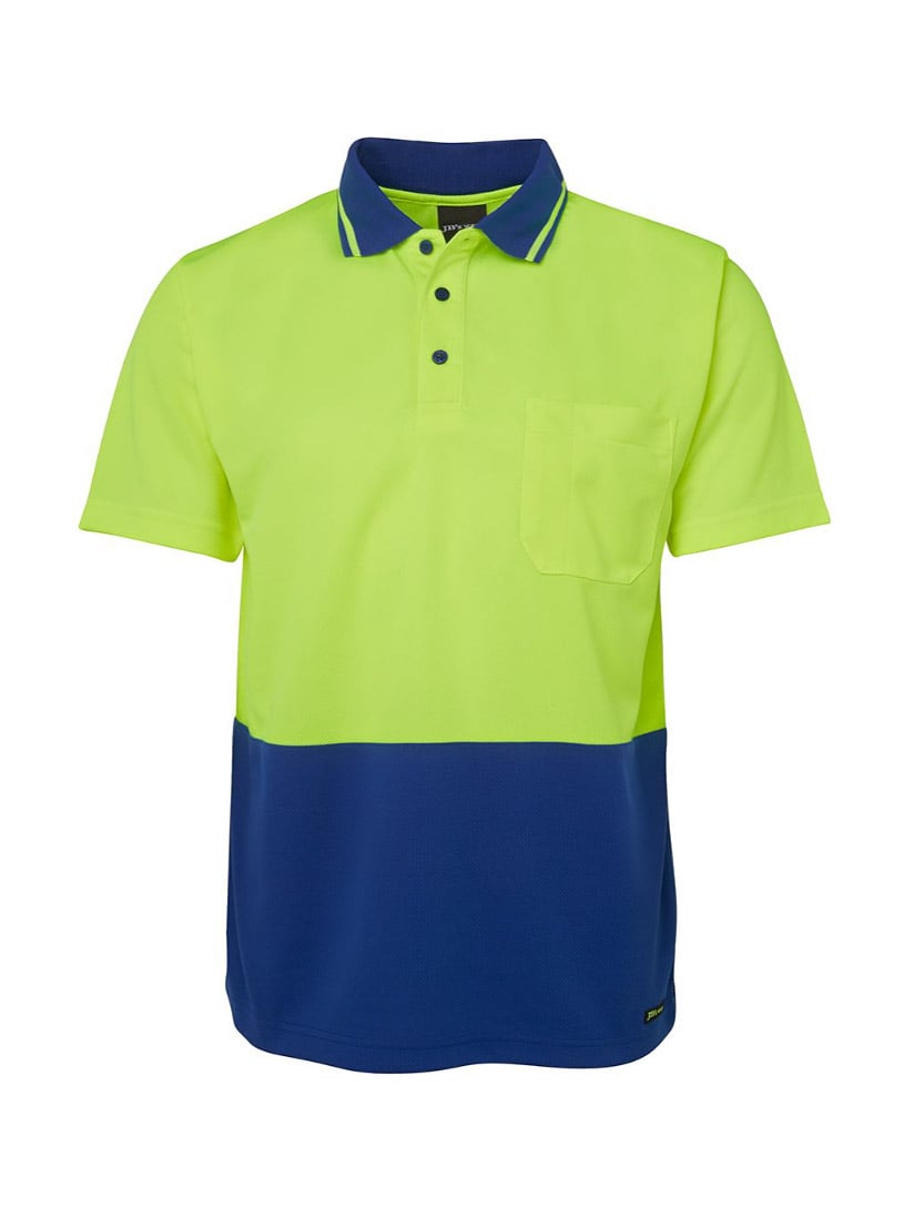 JB's Wear - Hi Vis Non Cuff Traditional Polo with lime green top and blue bottom.