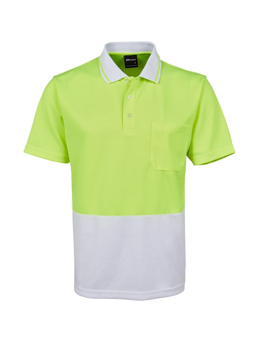 JB's Wear - Hi Vis Non Cuff Traditional Polo with a lime green upper and white lower section.