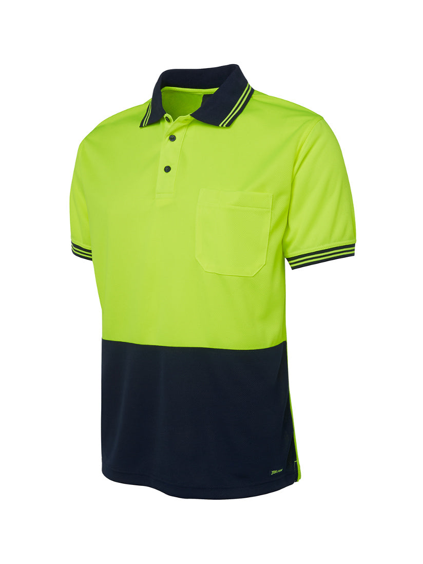 JB's Wear - A two-tone hi-vis polo shirt with a lime green top and navy blue bottom.