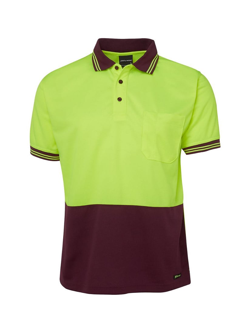 JB's Wear - Hi Vis Traditional Polo with a lime green upper and maroon lower section.