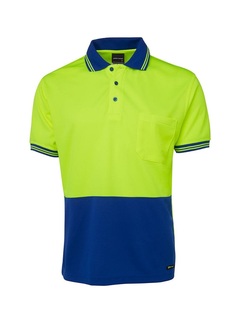 JB's Wear - Hi Vis Traditional Polo with a neon yellow and royal blue color block design.
