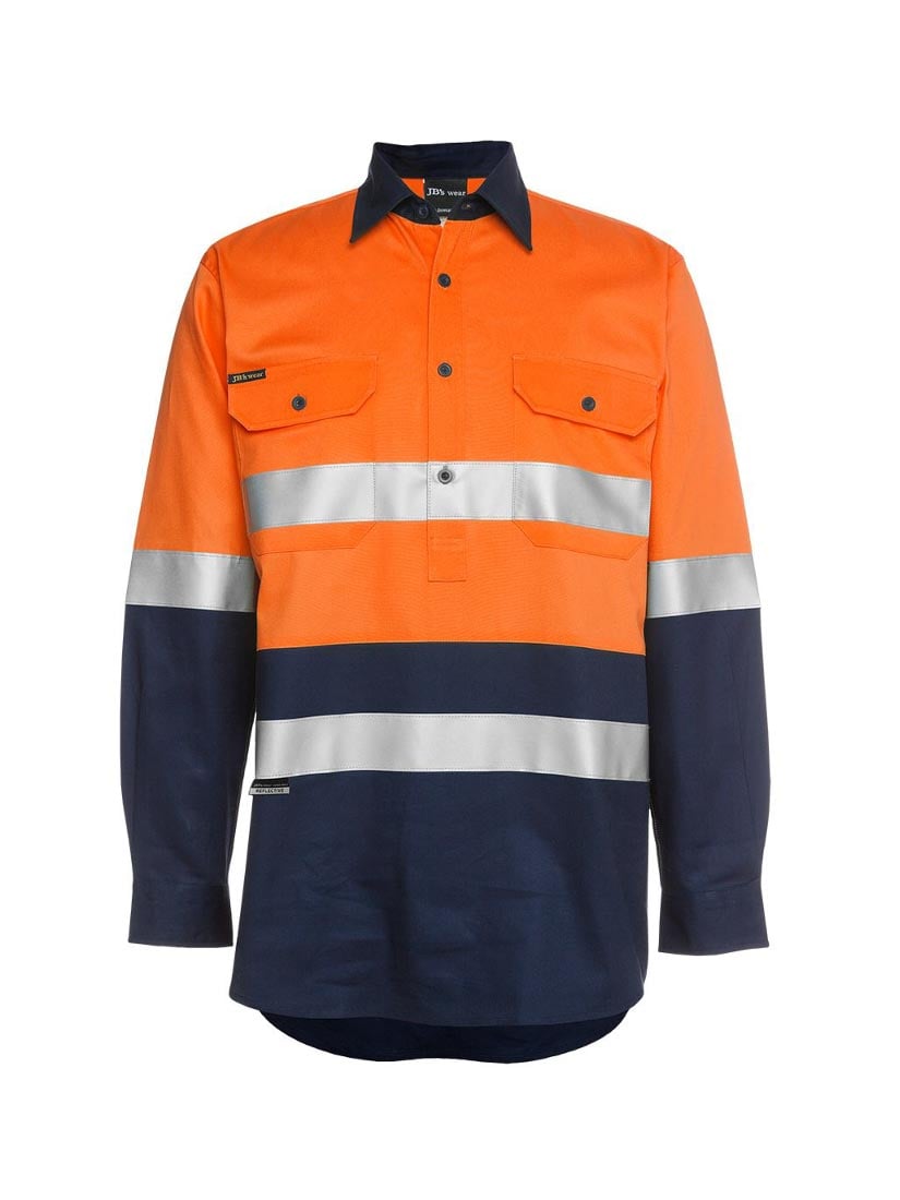 JB's Wear - Hi Vis long sleeve shirt with orange and navy panels and reflective tape.