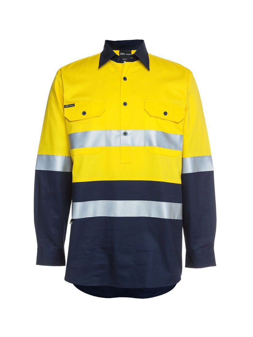 JB's Wear - Hi Vis long sleeve shirt with yellow and navy panels and reflective tape.