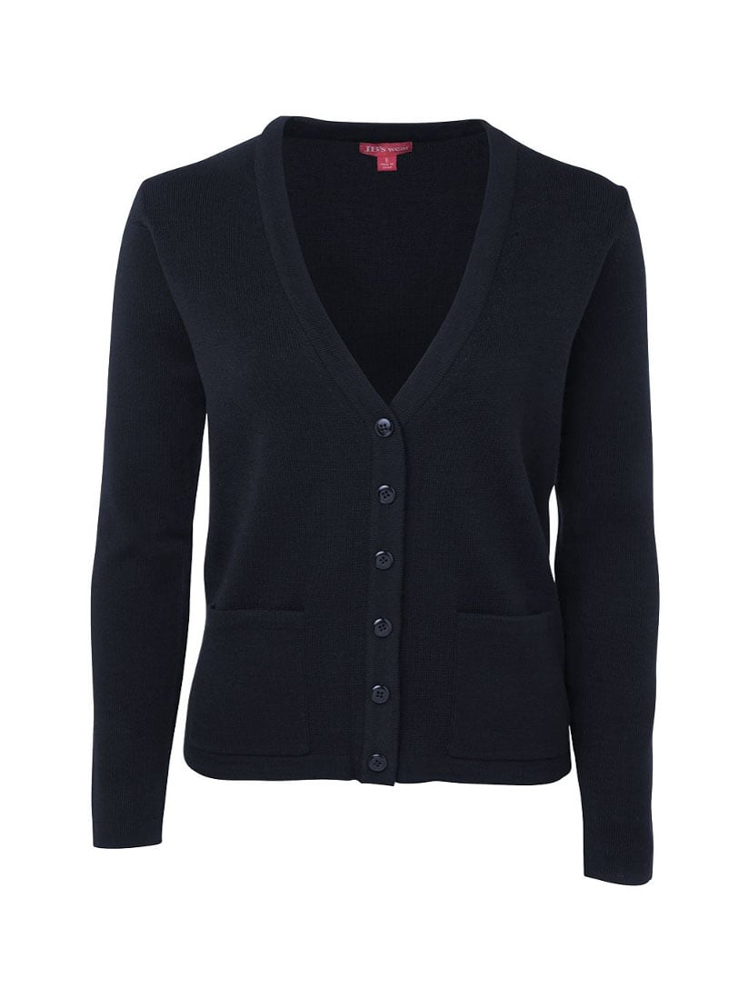 JB's Wear - Navy blue V-neck knitted cardigan with buttons and pockets.