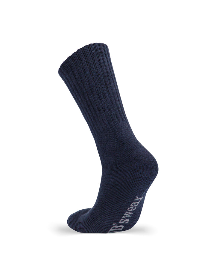 JB's Wear - Navy blue ribbed crew sock with "B'swear" logo on the heel.
