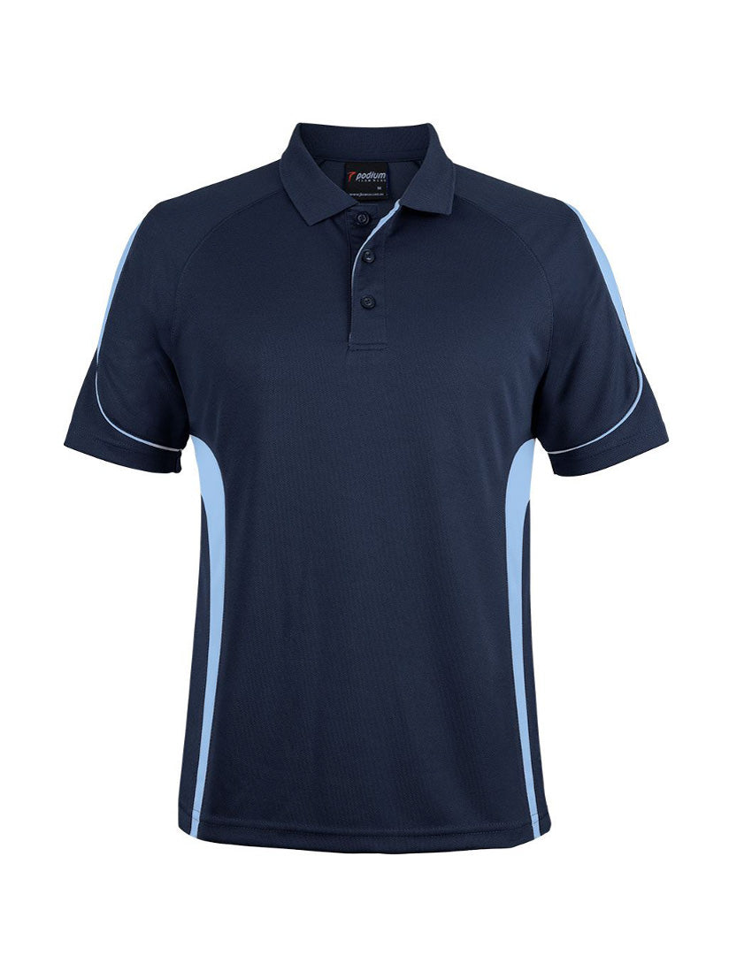 JB's Wear - Navy blue polo shirt with light blue side panels and white piping.