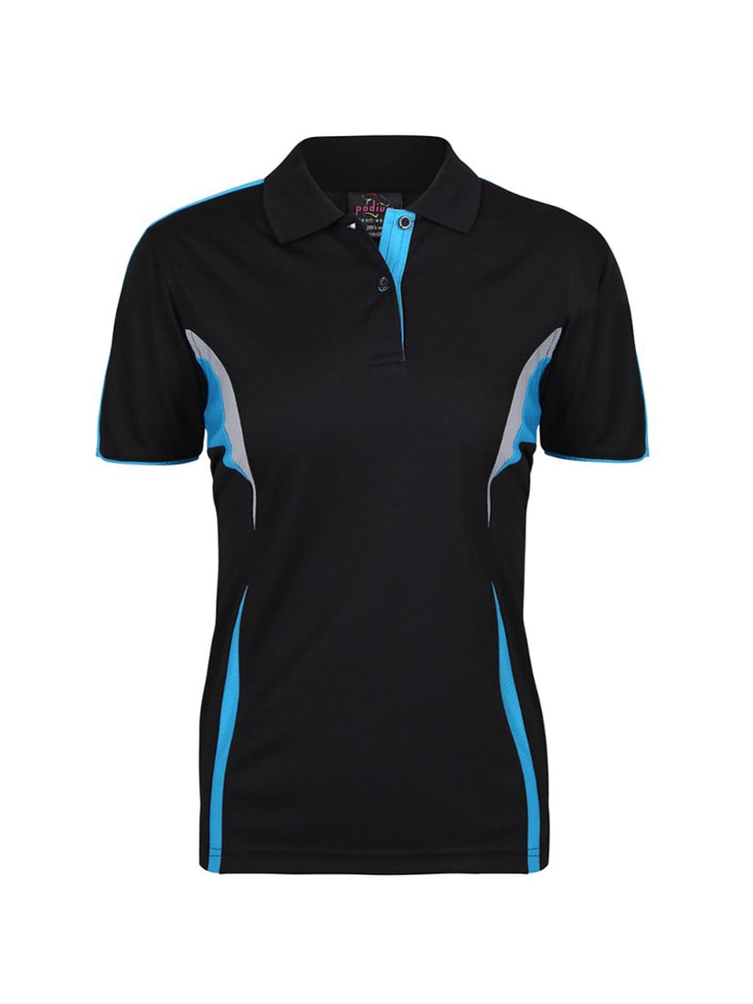JB's Wear - Ladies black polo shirt with blue and grey accents.
