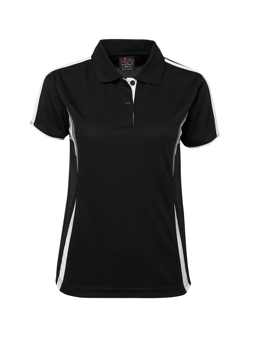 JB's Wear - Ladies black polo shirt with white trim on the sleeves and sides.