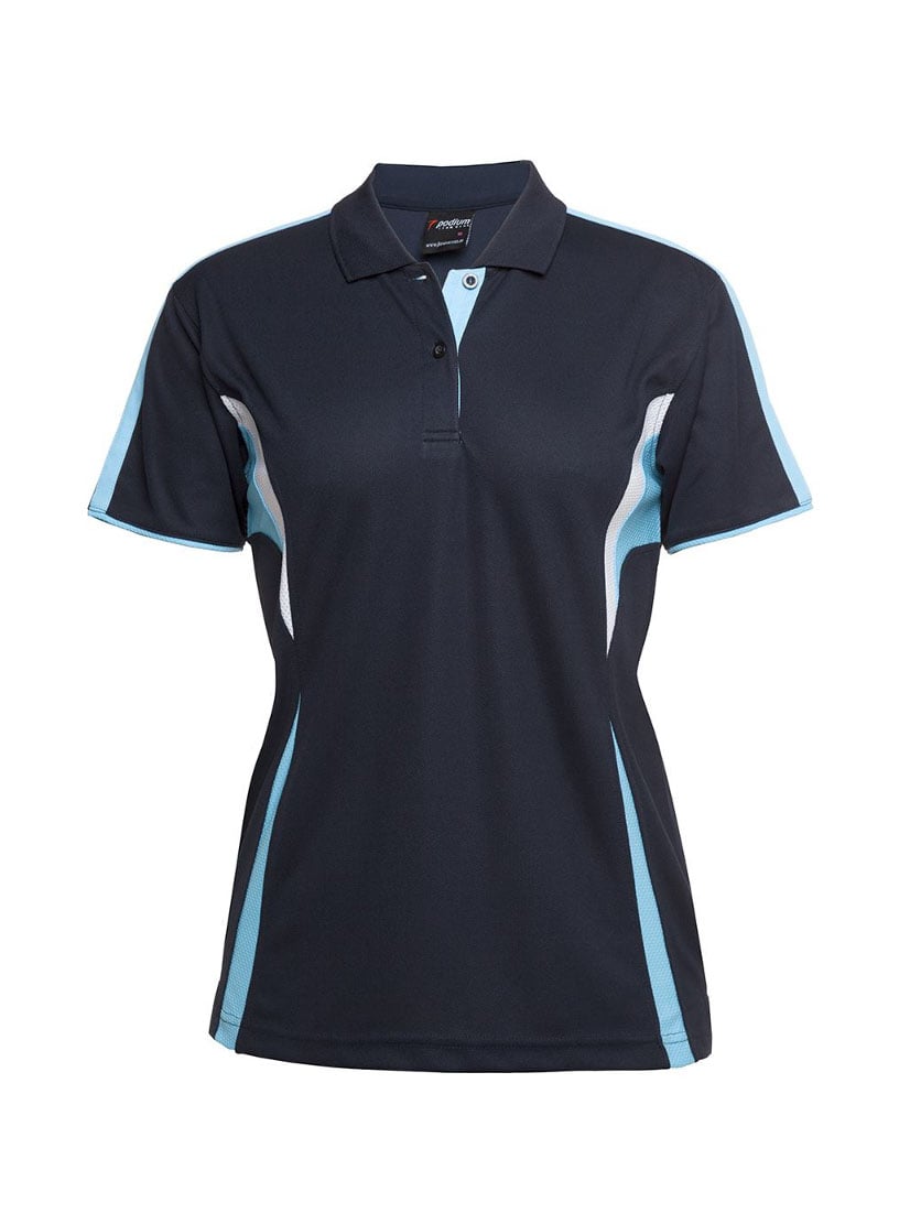 JB's Wear - Ladies navy polo shirt with light blue and white accents.