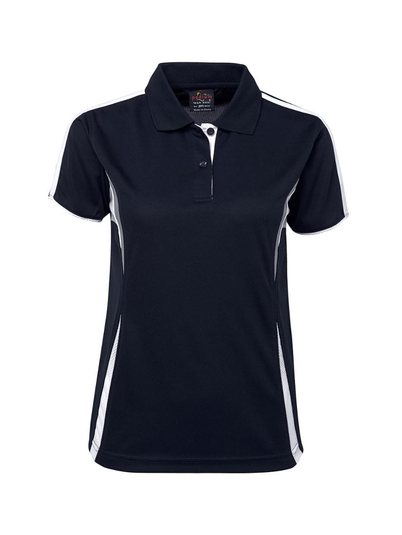 JB's Wear - Ladies navy blue polo shirt with white trim and side panels.