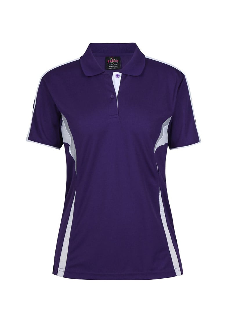JB's Wear - Ladies purple polo shirt with white accents.