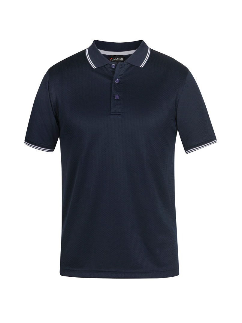 JB's Wear - Navy blue Podium jacquard polo shirt with contrast tipping on collar and cuffs.