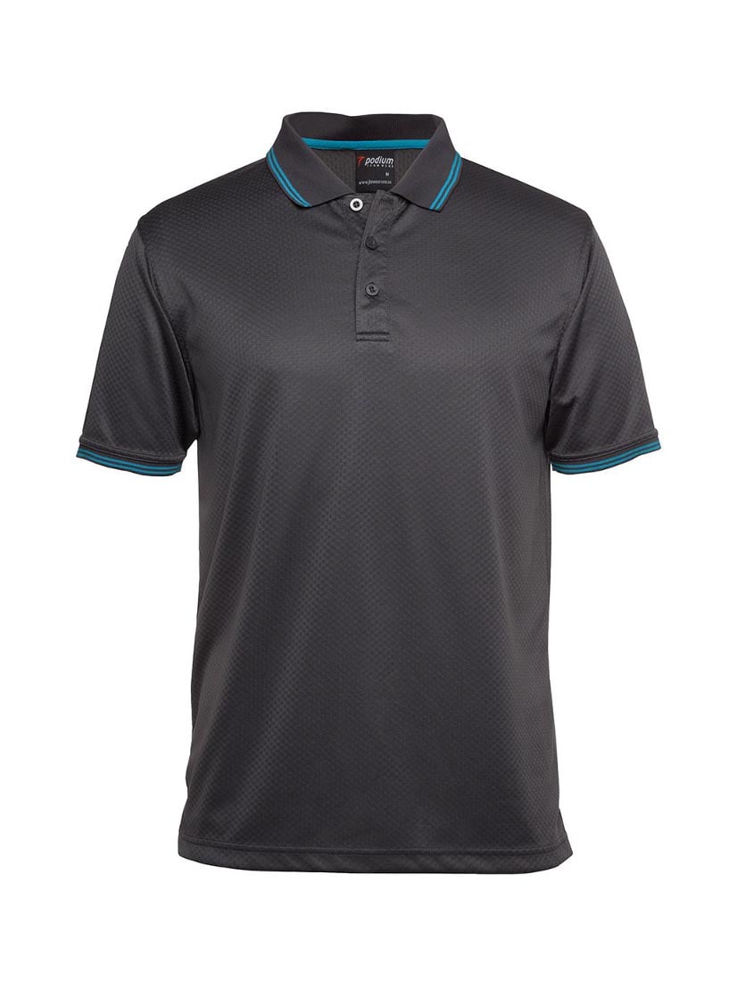 JB's Wear - Dark grey Podium polo shirt with teal tipping on the collar and cuffs.