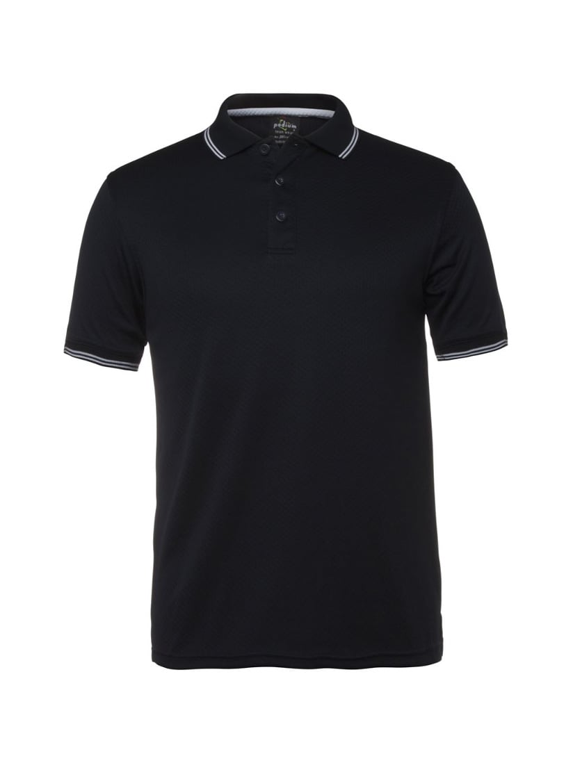 JB's Wear - Black Podium Jacquard Contrast Polo with white tipping on collar and cuffs.