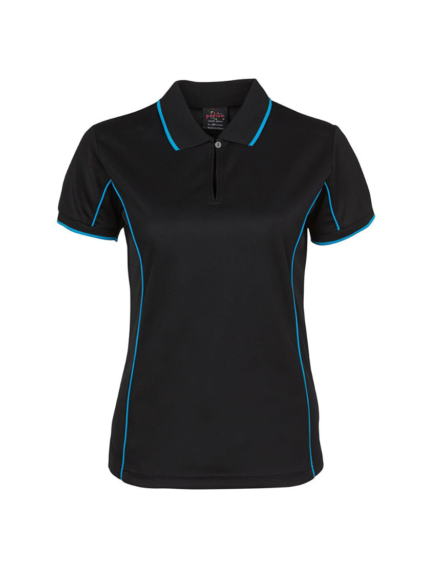 JB's Wear - Black ladies' polo shirt with blue piping and collar trim.
